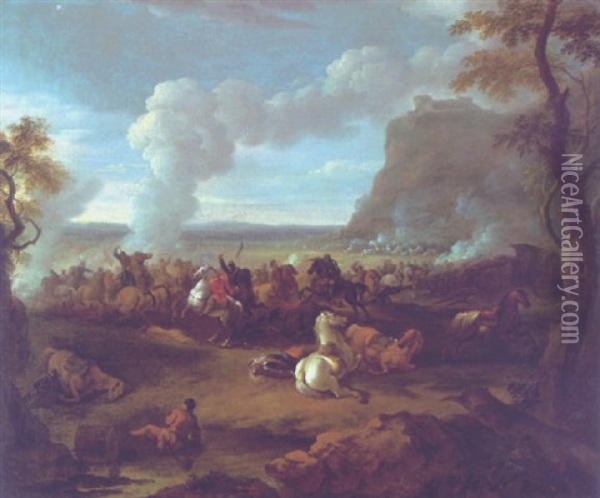 A Cavalry Skirmish With A Fortress On A Hilltop Beyond Oil Painting - Karel Breydel