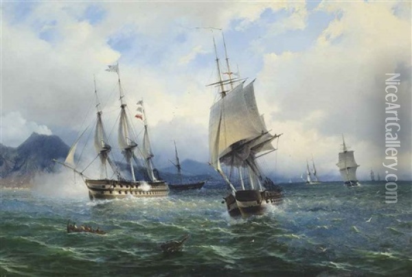 Warships In The Mediterranean Signalling Their Arrival Off Naples Oil Painting - Tommaso de Simone