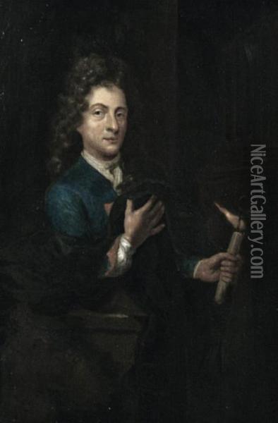 A Self-portrait Of The Artist Holding A Candlestick Oil Painting - Godfried Schalcken