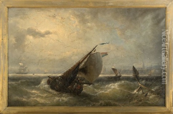 Fishing Vessels In Rough Waters Oil Painting - Nicolaas Riegen