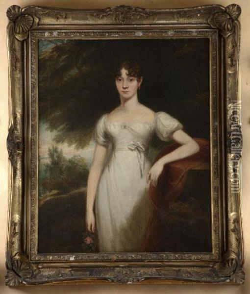 Three Quarter Length Portrait Of A Young Woman In White Dressholding A Rose Oil Painting - John James Masquerier