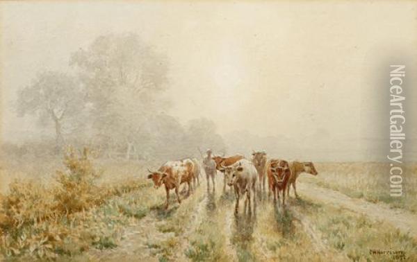 Meadow Landscape With Cattle And Drover Oil Painting - Charles Harmony Harrison