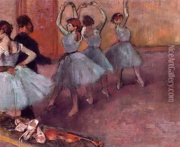 Dancers in Light Blue (aka Rehearsing in the Dance Studio) 1882 Oil Painting - Edgar Degas