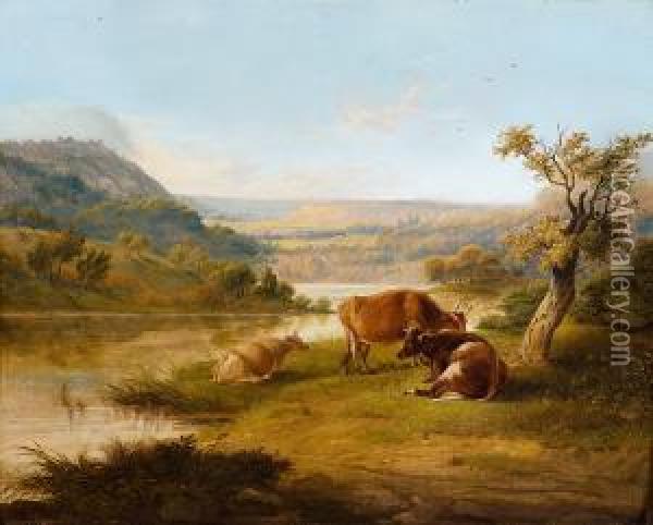 Flusslandschaft Mit Ruhenden Kuhen Am Ufer Oil Painting - Simon Van Den Berg