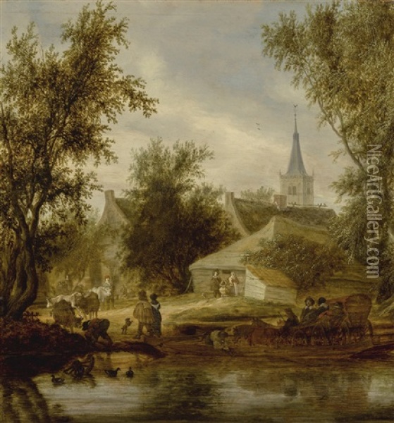 A Wooded River Landscape With A Ferry At The Outskirts Of A Village Oil Painting - Salomon van Ruysdael