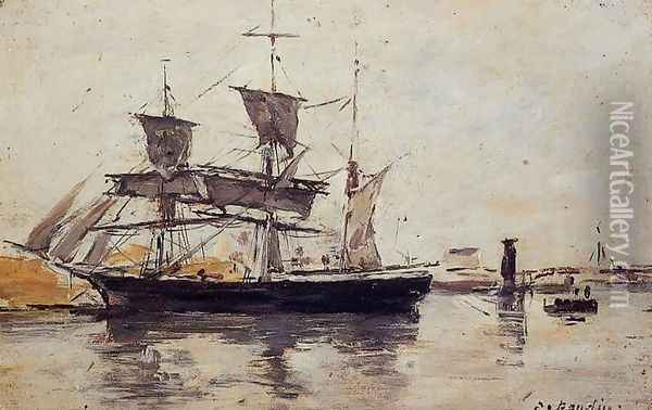 Three Masted Ship at Dock Oil Painting - Eugene Boudin