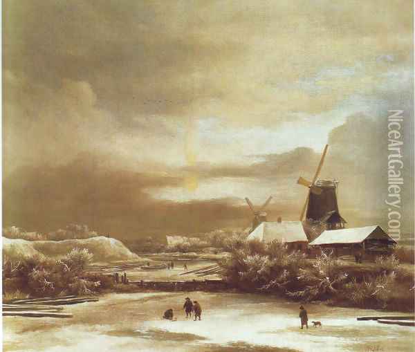 Winter landscape with two windmills Oil Painting - Jacob Van Ruisdael