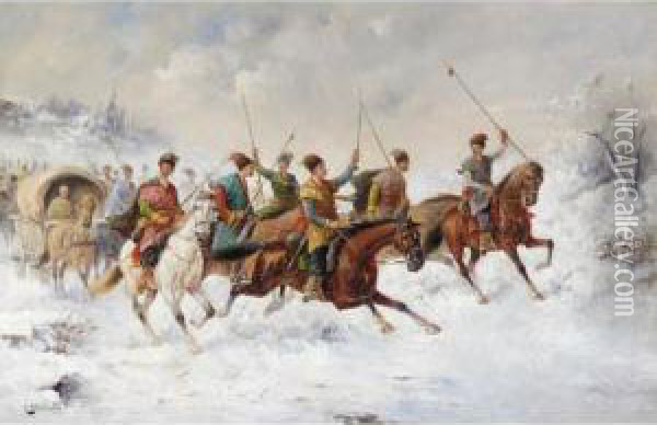 Cossack Cavalry Charge Through Snow Oil Painting - Konstantin Stoilov