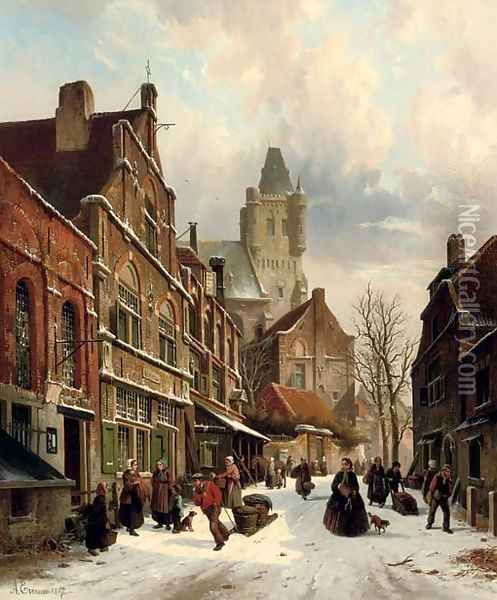 Numerous figures in a Dutch street in winter Oil Painting - Adrianus Eversen