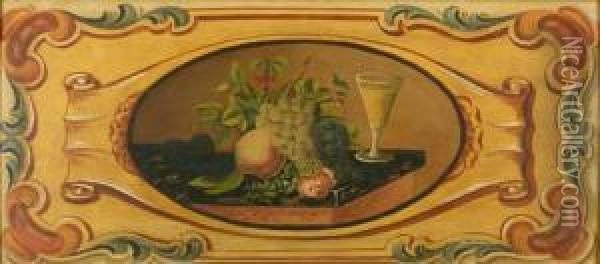Still Life With Wine Glass And Fruit
Oil On Board, Signed On Verso Oil Painting - Edward Hicks