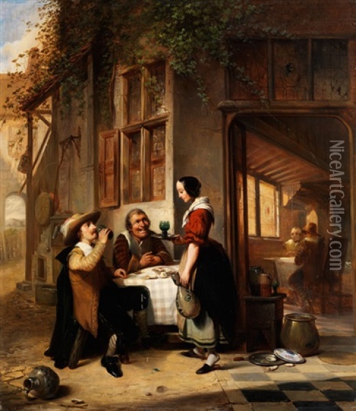 Schankstube Mit Gasten Und Junger Kellnerin Oil Painting - Philippe-Jacques van Bree