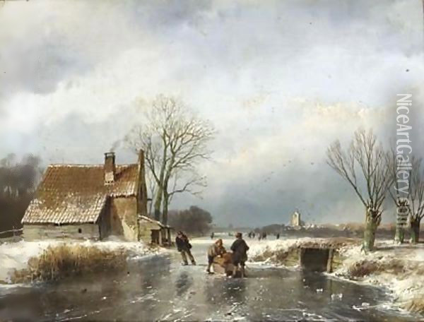 Skaters On A Frozen Waterway, A Village In The Distance Oil Painting - Andreas Schelfhout