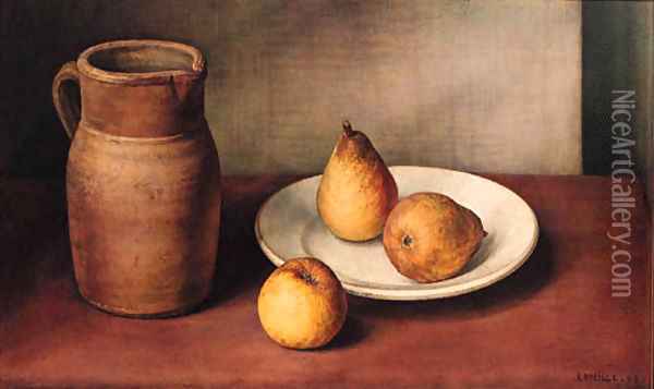 Pears on a Plate with an Apple and a Jug Oil Painting - Jacques Abeille