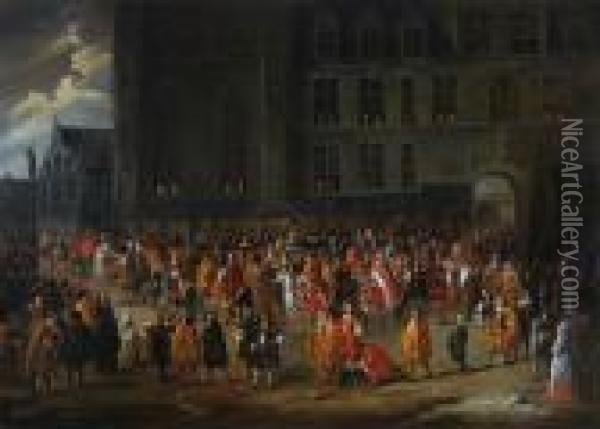 The Parade Of Theknights Of The Golden Fleece Outside The Ducal Palace Inbrussels Oil Painting - Gillis van Tilborgh
