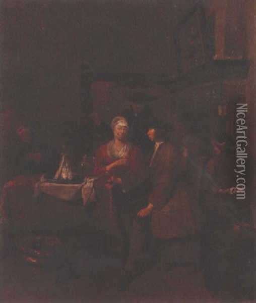 A Tavern Interior With A Number Of Figures Around A Table Beside A Fireplace Oil Painting - Jan Baptist Lambrechts