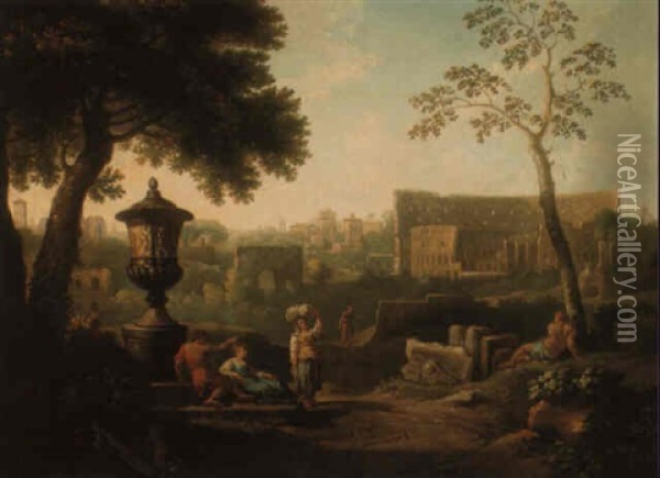A View Of Rome With The Colosseum And The Arch Of Constantine Oil Painting - Jan Frans van Bloemen