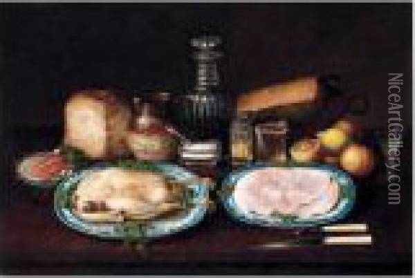 A Still Life Of Meat, Fruit And Vegetables On A Table Oil Painting - George, of Chichester Smith