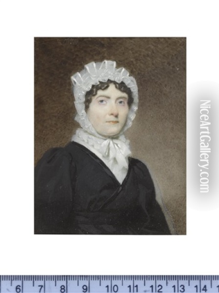 A Lady, Called Ann Boxill, Wearing Black Dress, White Underslip With Frilled Collar, Her Dark Hair Curled And Upswept Beneath A Frilled Lace Mob Cap Oil Painting - Andrew Robertson