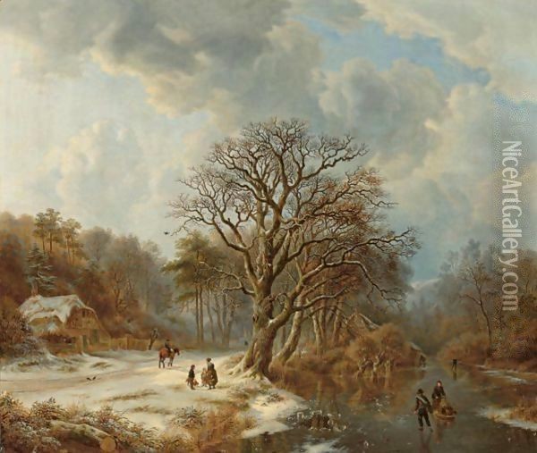 A Forest And River Landscape In Winter With Skaters And Villagers On A Path Oil Painting - Johann Bernard Klombeck