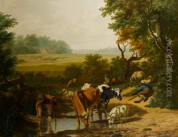 A Drover Watering His Cattle At A Stream Oil Painting - Jan Kobell