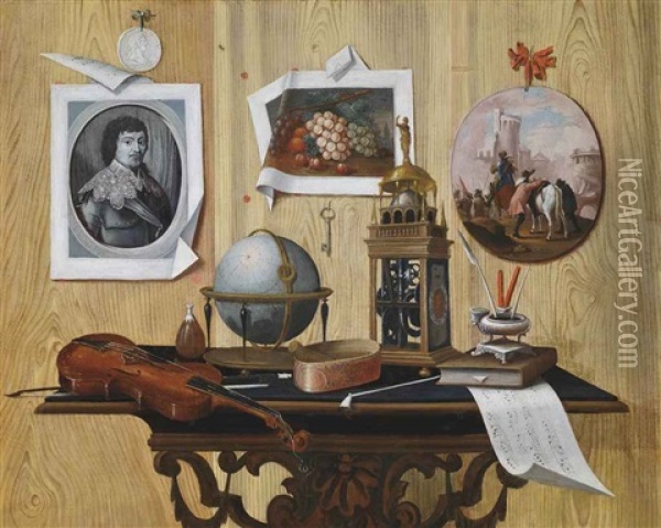 A Trompe L'oeil Of A Print And Two Paintings, A Key, A Violin, A Globe, A Clock, A Sheet Of Music And Other Objects On A Table Oil Painting - Antonio (lo Scarpetta) Mara