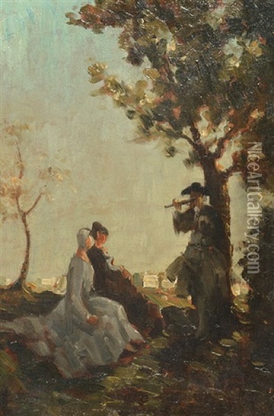 A Courting Couple Seated Beneath A Tree Entertained By A Flautist Oil Painting - Emma Ciardi