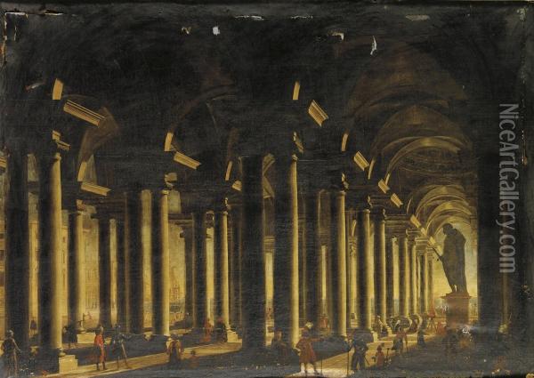 Interno Di Basilica Con Statua Colossale Oil Painting - Filippo Gagliardi