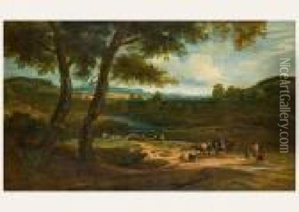 Weite Besonnte Sudliche 
Landschaft Mit Reisenden Und Ihren Beladenen Reittieren Bei Einer Rast Oil Painting - Salvator Rosa