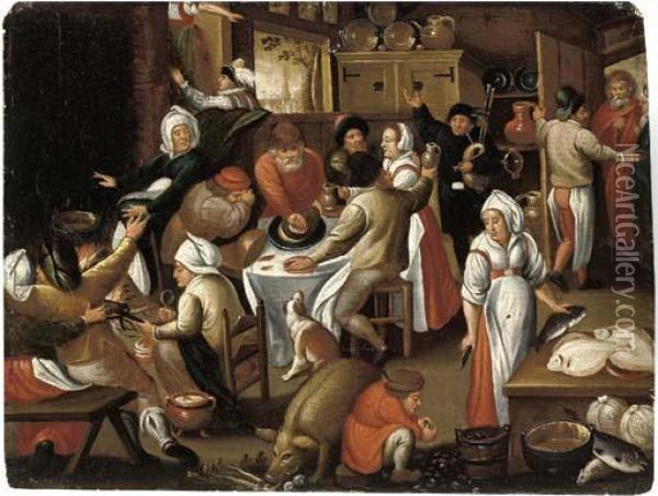 Peasants Feasting And Making Music In An Inn Oil Painting - Marten Van Cleve
