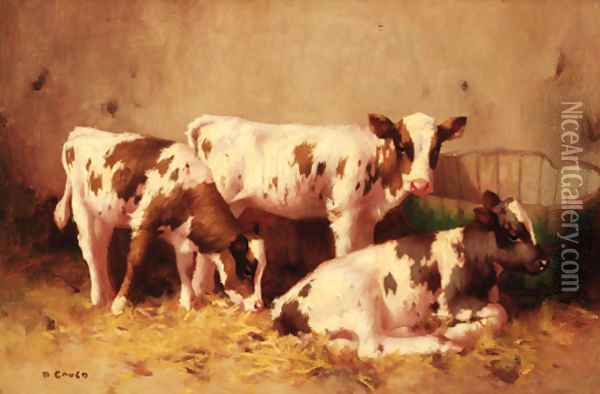 Calves resting in a barn Oil Painting - David Gauld