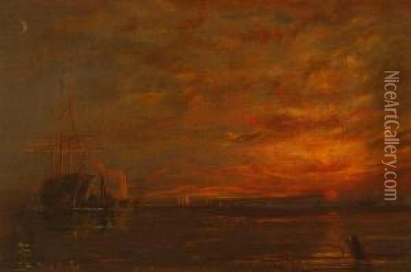 New Bedford Fish Pier At Sunset. Signed Lower Left W.a.w. Oil Painting - William Allen Wall