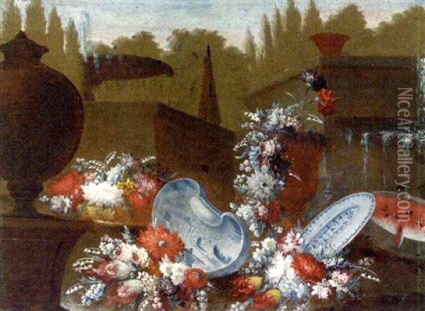 Flowers, Urns, Porcelain Dishes And A Melon By Fountains In A Garden Oil Painting - Giuseppe Lavagna