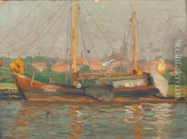 Segelschiff Vor Stadtkulisse Oil Painting - Alfred Rasenberger