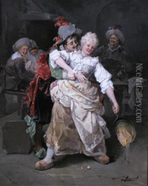 Cavalier Gentlemen Causing A Woman To Spill The Contents Of Her Skillet Oil Painting - Georges Appert