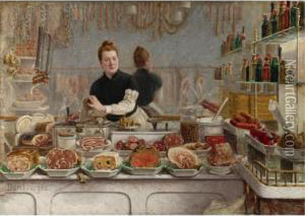 Une Boutique De Charcuterie (a Pork Butcher's Shop) Oil Painting - Edouard Jean Dambourgez