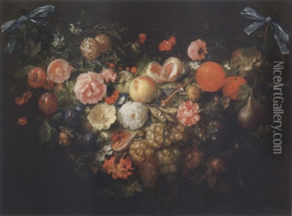 Stil Life Of A Swag Of Fruit And Flowers Hanging From Ribbons Oil Painting - Cornelis De Heem