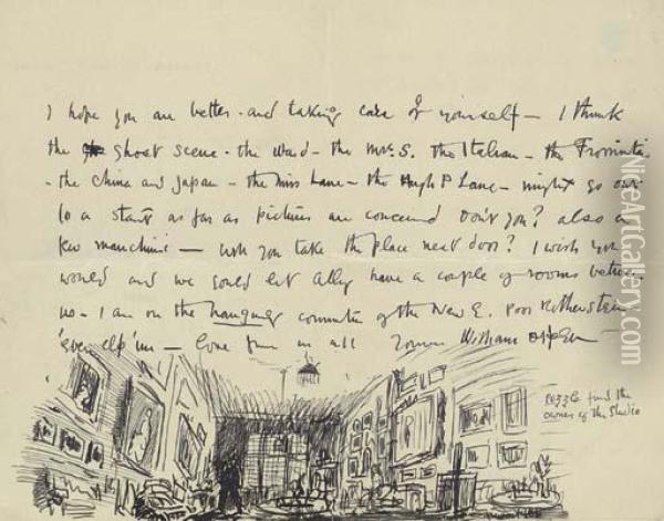Illustrated Letter To Hugh Lane: Puzzle Find The Owner Of The Studio Oil Painting - Sir William Newenham Montague Orpen