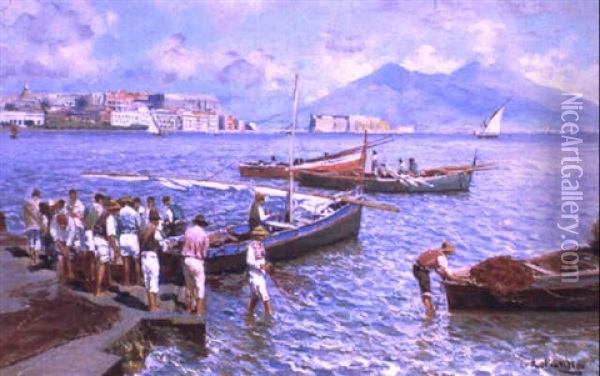 Marina Napoletana Con Barche E Pescatori Oil Painting - Attilio Pratella
