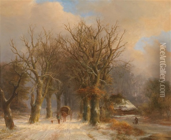 Winter Landscape With Horse And Cart Oil Painting - Johann Bernard Klombeck
