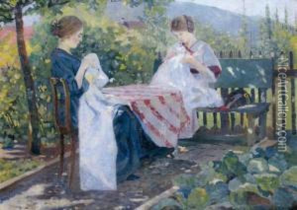 Les Deux Jeunes Femmes Cousant Oil Painting - Johann Robert Schuerch