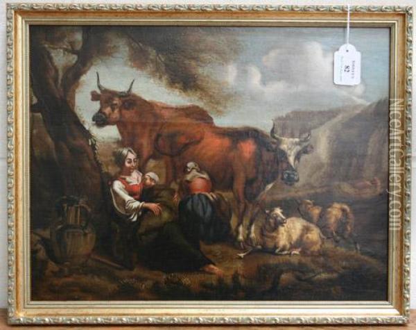 Pastoral Landscape With Mother And Child Near Sheep Oil Painting - Abraham Borm