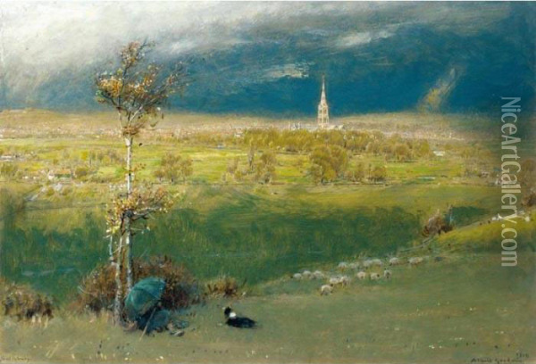 A Storm Over Salisbury Oil Painting - Albert Goodwin