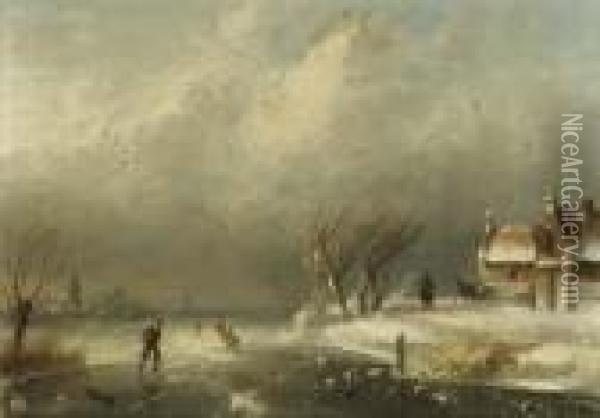 Figures Skating On A Frozen Waterway On A Windy Day Oil Painting - Charles Henri Leickert