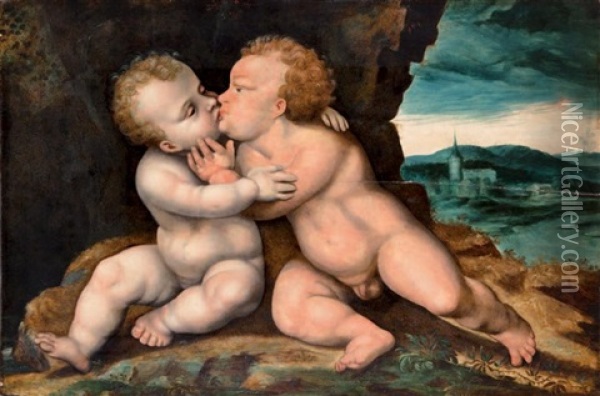 Le Baiser De L'enfant Jesus Et Saint Jean Oil Painting - Joos Van Cleve
