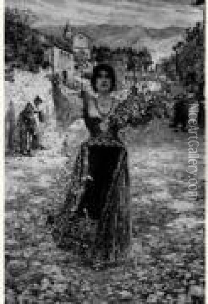 Femme Jetant Des Fleurs En Tete D'une Procession Dans Un Village En
 Italie Oil Painting - Augusto Corelli