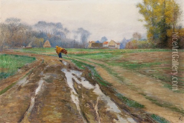 On The Way Into The Village Oil Painting - Rudolf Konopa
