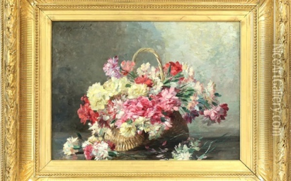 Flowers In A Straw Basket Oil Painting - Albert Tibule Furcy De Lavault