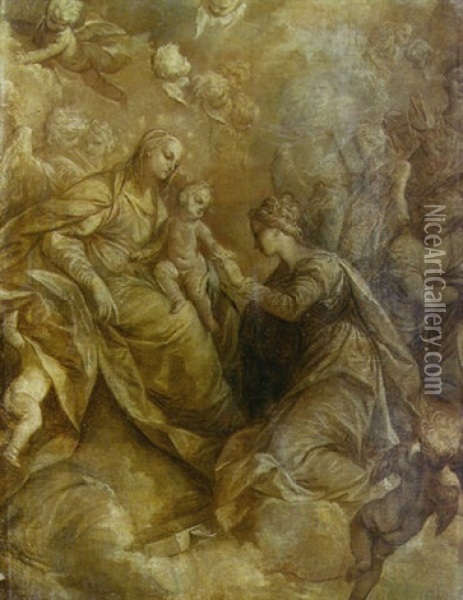 The Mystic Marriage Of Saint Catherine Of Alexandria, With Angels And Cherubim Oil Painting - Donato Creti