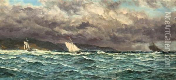 Three Cutters Running Into Cowes Roads In Half A Gale (yachting Off The Coast Of Scotland) Oil Painting - John Edward Brett