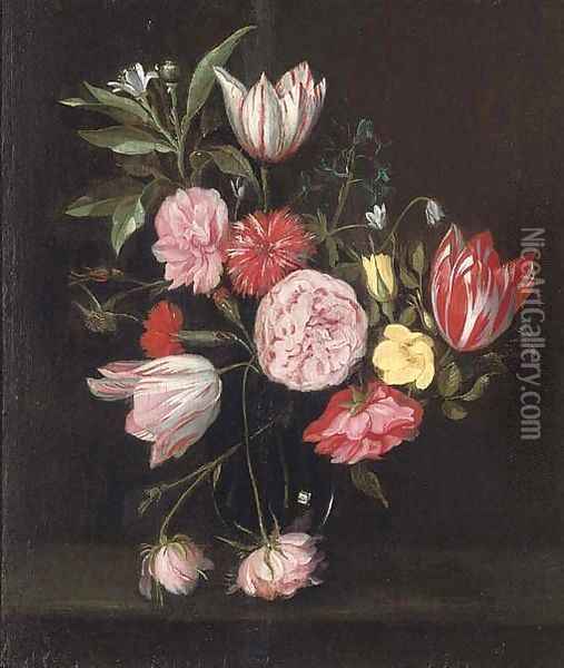 Parrot tulips, roses, carnations and other flowers in glass vase on a stone ledge Oil Painting - Daniel Seghers
